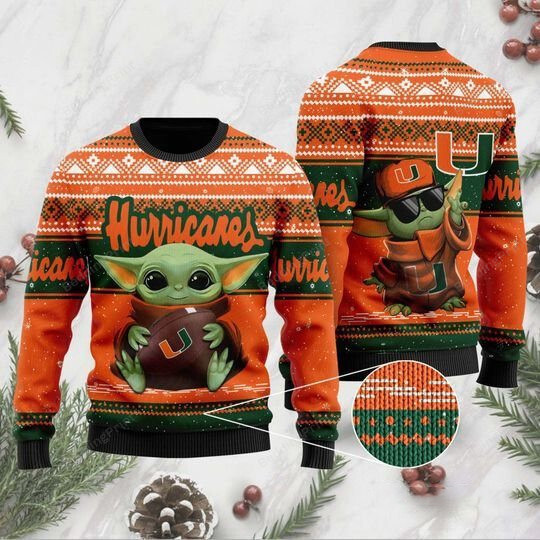 Baby Yoda Miami Hurricanes Ugly Christmas Sweater, All Over Print Sweatshirt