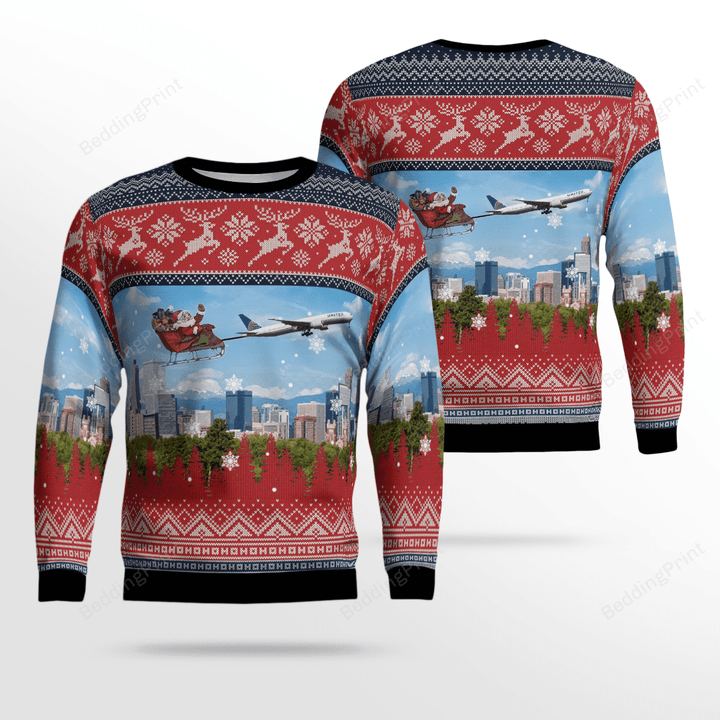 United Airlines Boeing 777-322ER With Santa over Denver Ugly Christmas Sweater