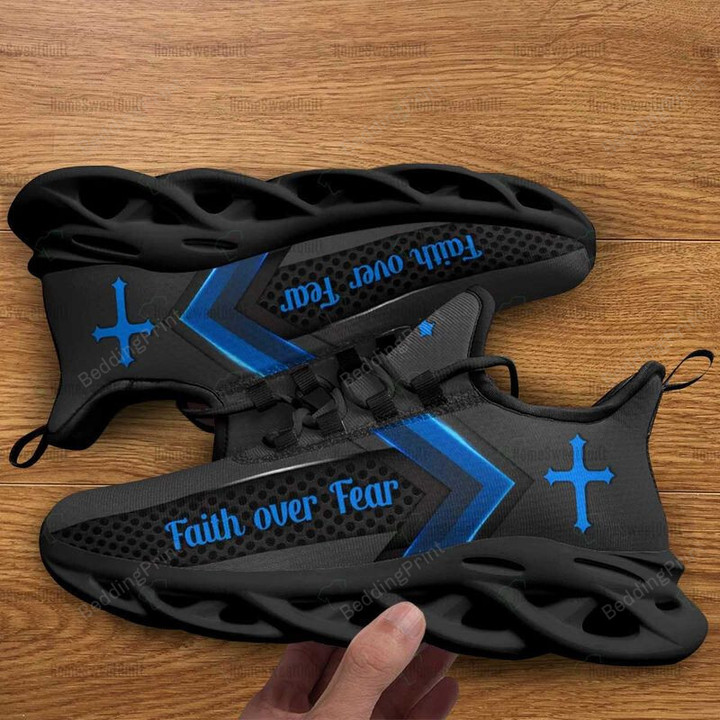 Faith Over Fear Iron Pattern Blue Black Cross Christianity Max Soul Shoes, Light Sports Shoes