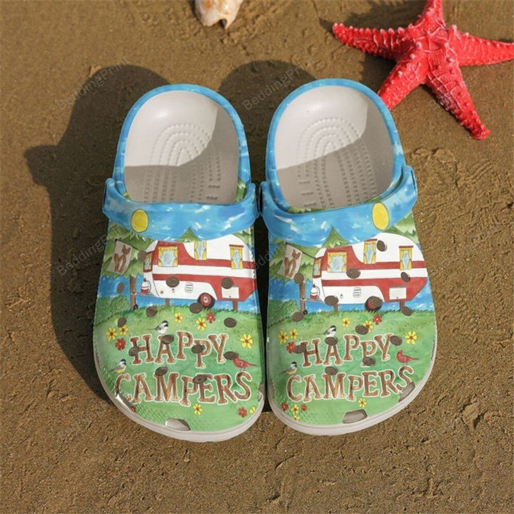 Camping Floral Happy Camper Crocs Crocband Clogs, Gift For Lover Camping Crocs Comfy Footwear
