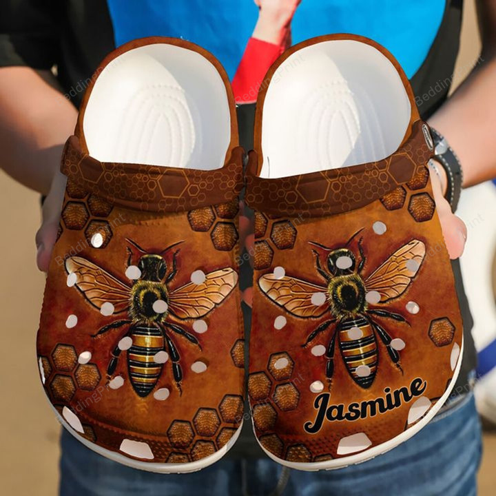 Personalized Bee Leather Crocs Crocband Clogs, Gift For Lover Bee Crocs Comfy Footwear