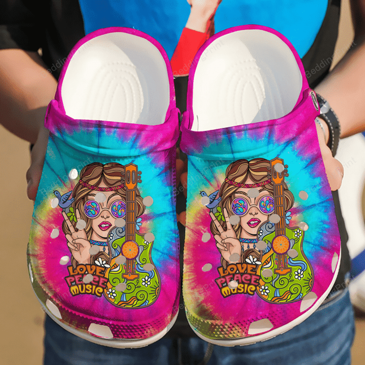 Hippie Love Peace Music Crocs Crocband Clogs, Gift For Lover Hippie Crocs Comfy Footwear