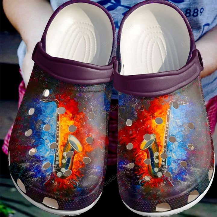 Music Fire Ice Saxophone Crocs Crocband Clogs, Gift For Lover Saxophone Crocs Comfy Footwear