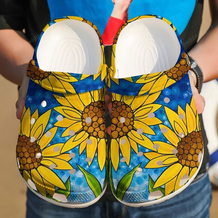 Hippie Love Sunflowers Crocs Crocband Clogs, Gift For Lover Hippie Love Sunflowers Crocs Comfy Footwear