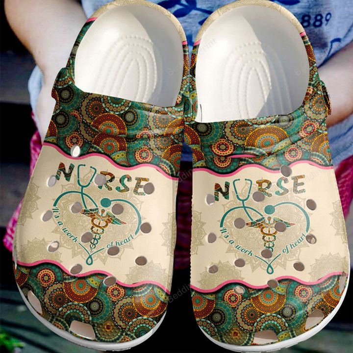 Nurse A Work Of Heart Crocs Crocband Clogs, Gift For Lover Nurse Crocs Comfy Footwear