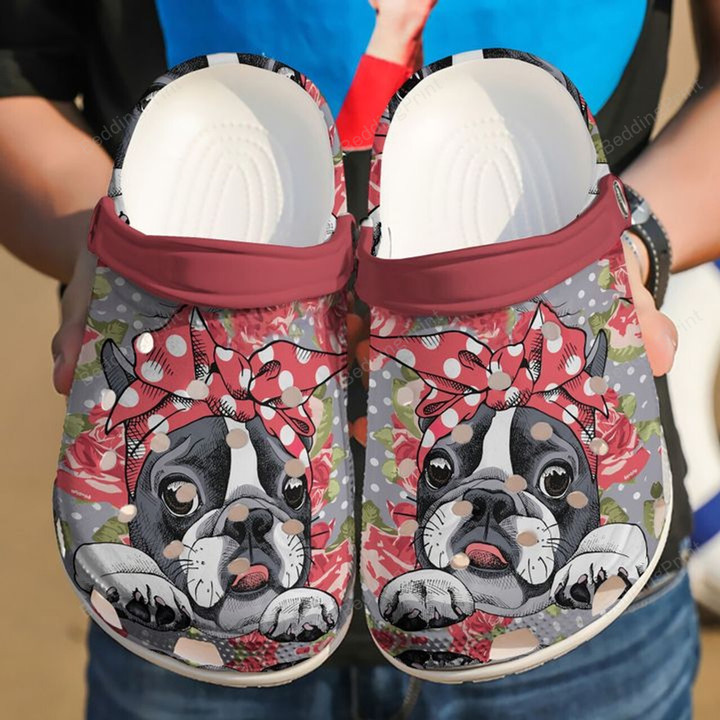 Boston Terrier Floral Crocs Crocband Clogs, Gift For Lover Boston Terrier Crocs Comfy Footwear