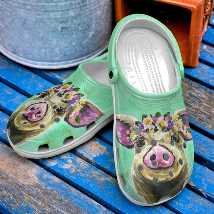 Pig Floral Crown Crocs Crocband Clogs, Gift For Lover Pig Floral Crown Crocs Comfy Footwear