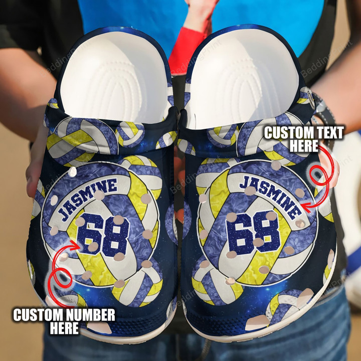 Personalized Volleyball Blue And Yellow Crocs Crocband Clogs, Gift For Lover Volleyball Crocs Comfy Footwear
