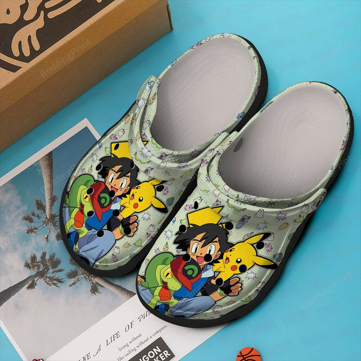 Ash Ketchum With Pikachu Green Crocs Crocband Clogs, Gift For Lover Ash Ketchum With Pikachu Crocs Comfy Footwear