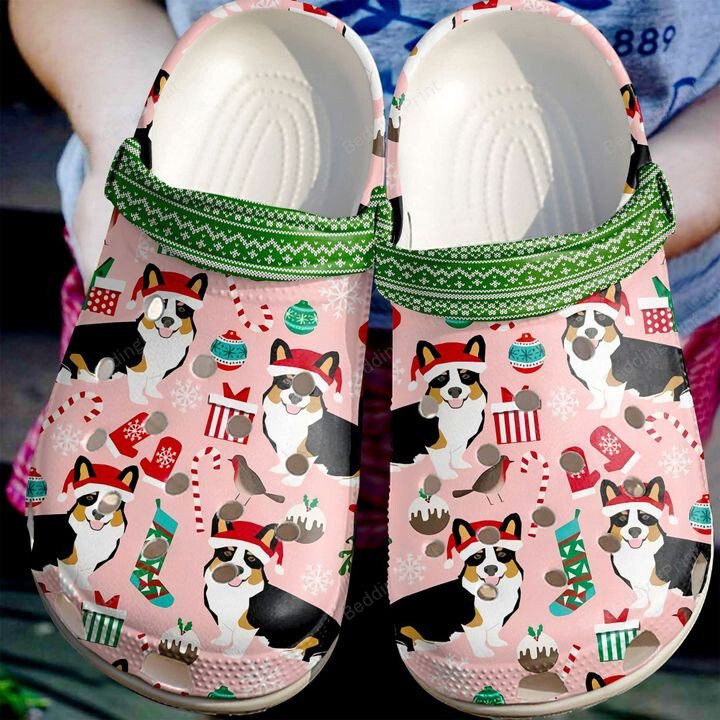 Corgi Merry Christmas Pattern Crocs Crocband Clogs, Gift For Lover Corgi Merry Christmas Crocs Comfy Footwear