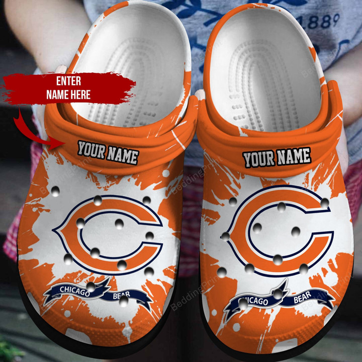 Chicago Bear On Orange Crocs Crocband Clogs, Gift For Lover Chicago Bear Crocs Comfy Footwear