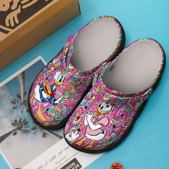 Donald And Daisy Duck Pink Crocs Crocband Clogs, Gift For Lover Donald And Daisy Duck Crocs Comfy Footwear
