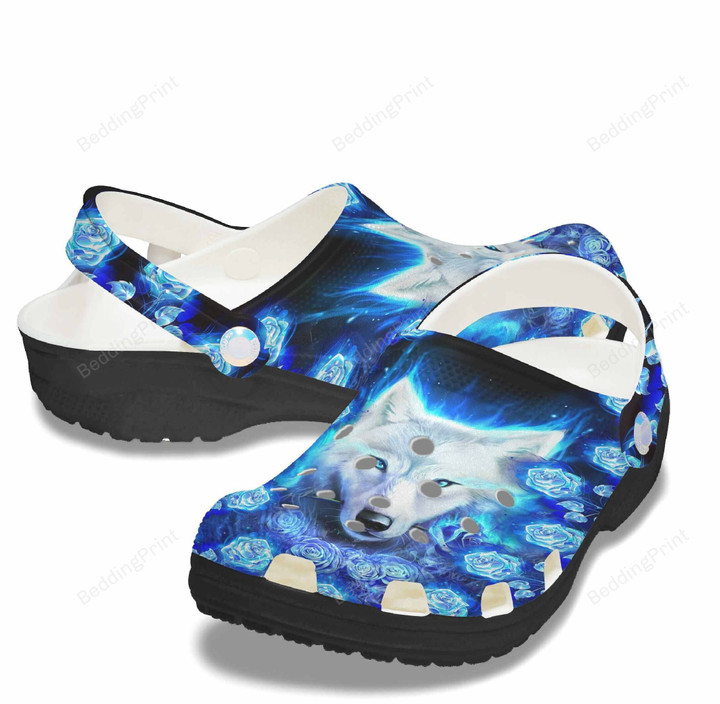 Blue Roses And Diamond Wolf Crocs Crocband Clogs