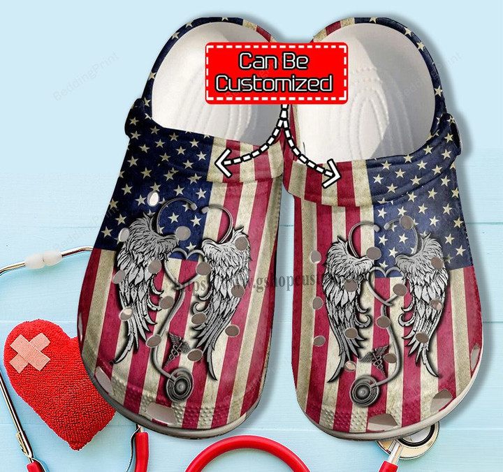 Personalized Nurse Love America Flag Crocs Crocband Clogs