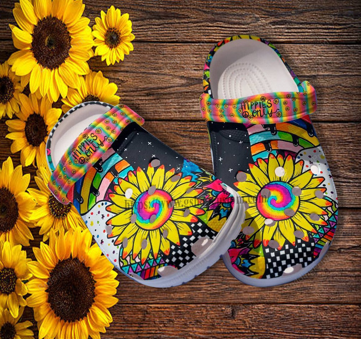 Hippie Only Rainbow Sunflower Crocs Crocband Clogs