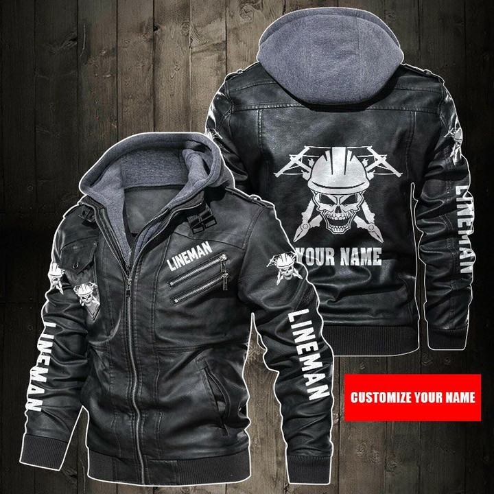 Personalized Name Lineman Skull Leather Jacket