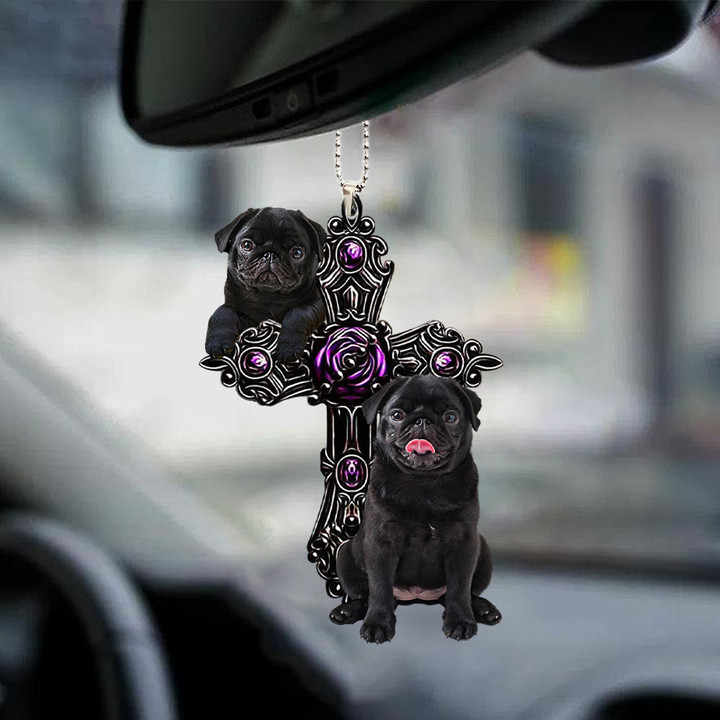 Black Pug Pray For God Car Hanging Ornament