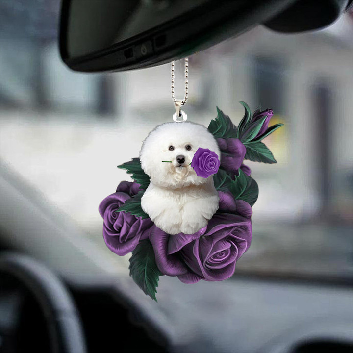 Bichon Frise03 In Purple Rose Car Hanging Ornament