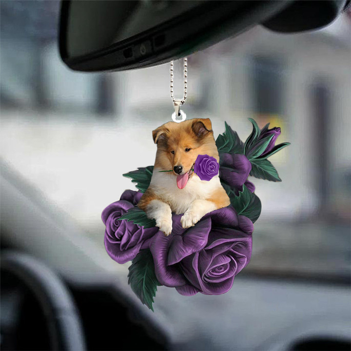 Rough Collie In Purple Rose Car Hanging Ornament