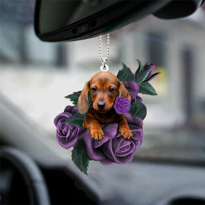 Dachshund In Purple Rose Car Hanging Ornament