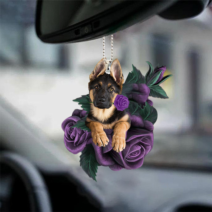 German Shepherd In Purple Rose Car Hanging Ornament