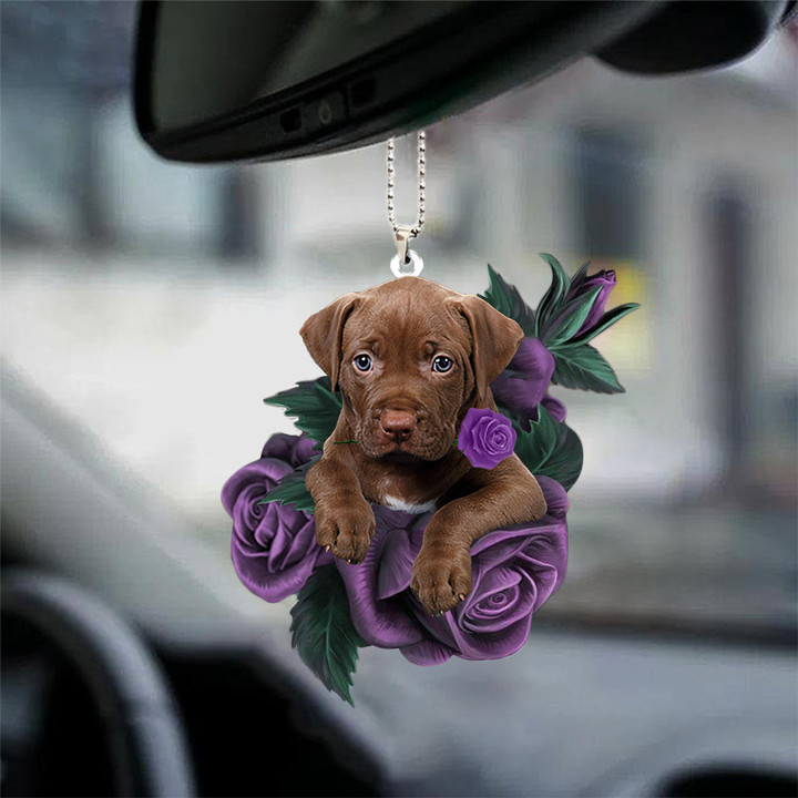 Pitbull 2 In Purple Rose Car Hanging Ornament