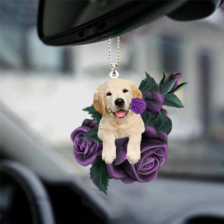Golden Retriever In Purple Rose Car Hanging Ornament