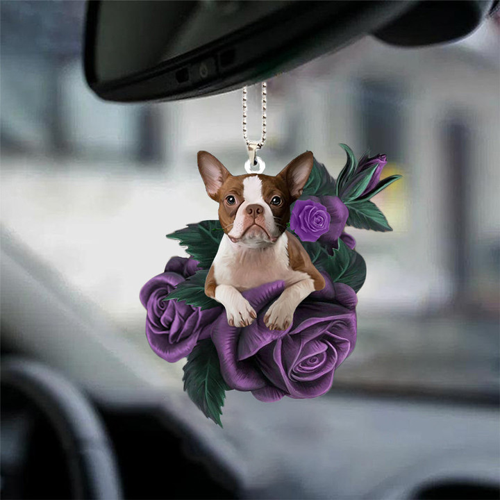 Boston Terrier 2 In Purple Rose Car Hanging Ornament