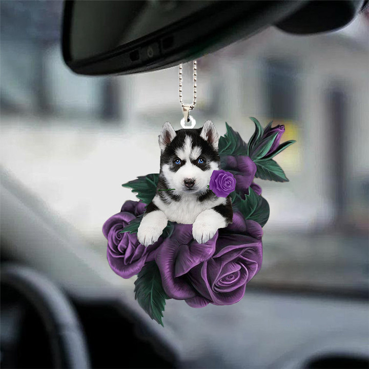 Husky In Purple Rose Car Hanging Ornament