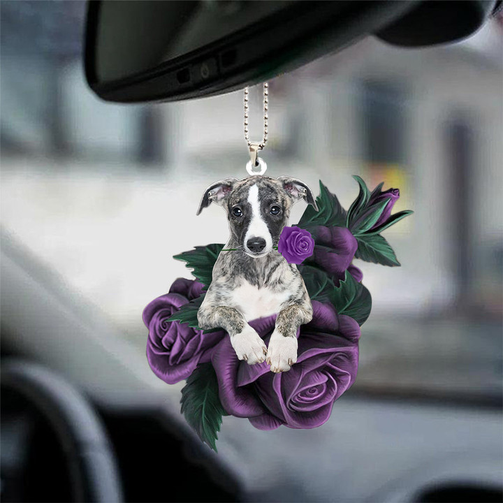 Whippet In Purple Rose Car Hanging Ornament