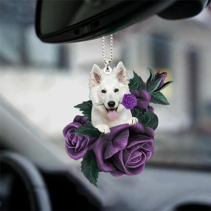 White German Shepherd In Purple Rose Car Hanging Ornament