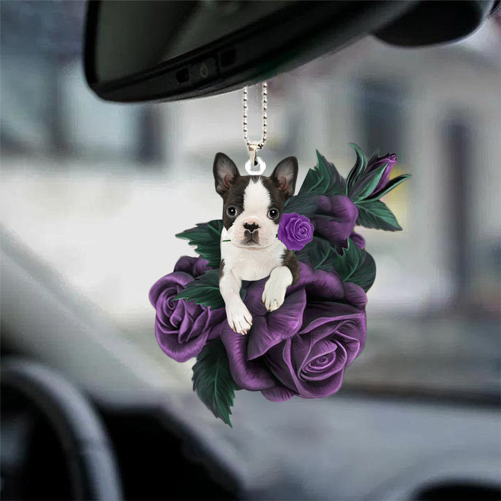 Boston Terrier02 In Purple Rose Car Hanging Ornament