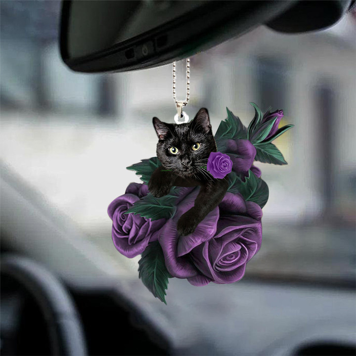 Black Cat In Purple Rose Car Hanging Ornament