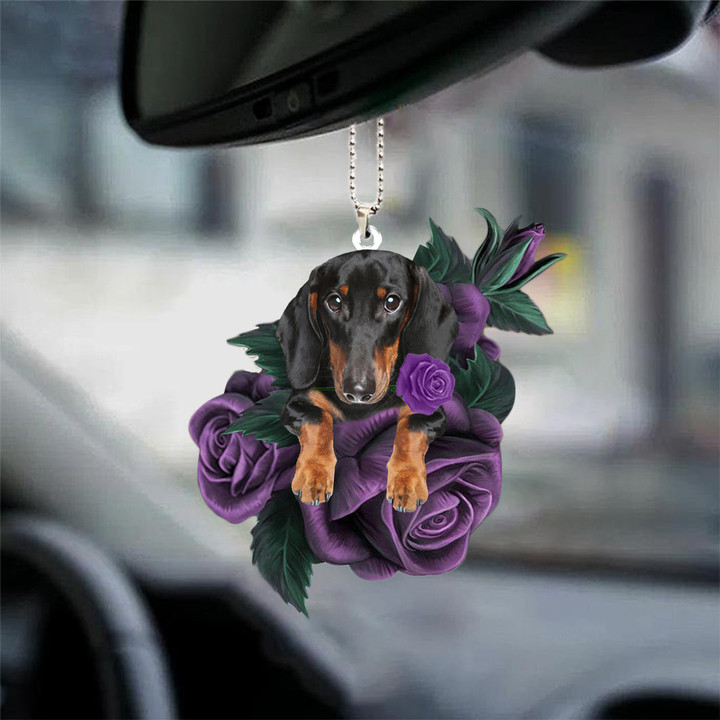 Dachshund 2 In Purple Rose Car Hanging Ornament