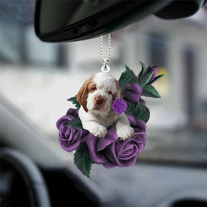 Clumber Spaniel In Purple Rose Car Hanging Ornament