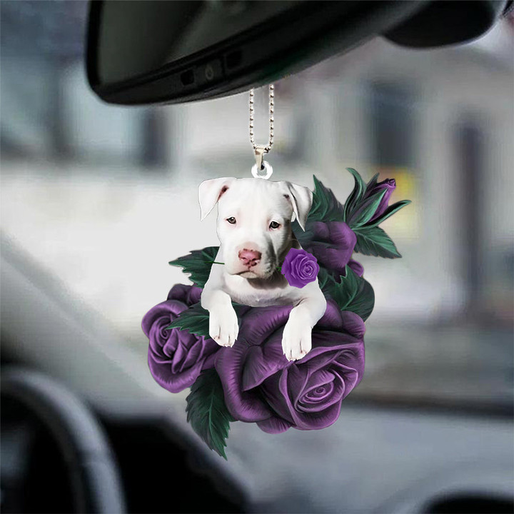 Staffordshire Bull Terrier In Purple Rose Car Hanging Ornament