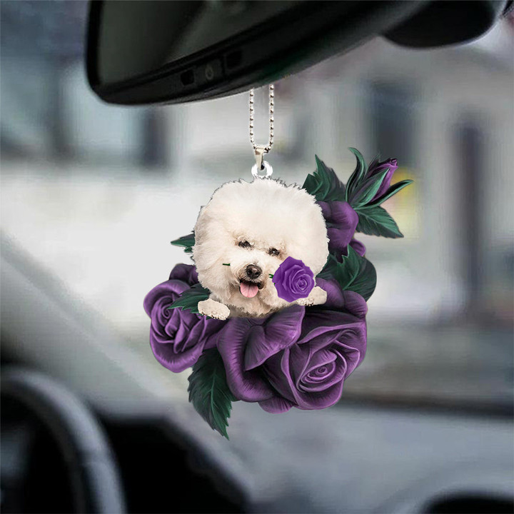 Bichon Frise In Purple Rose Car Hanging Ornament