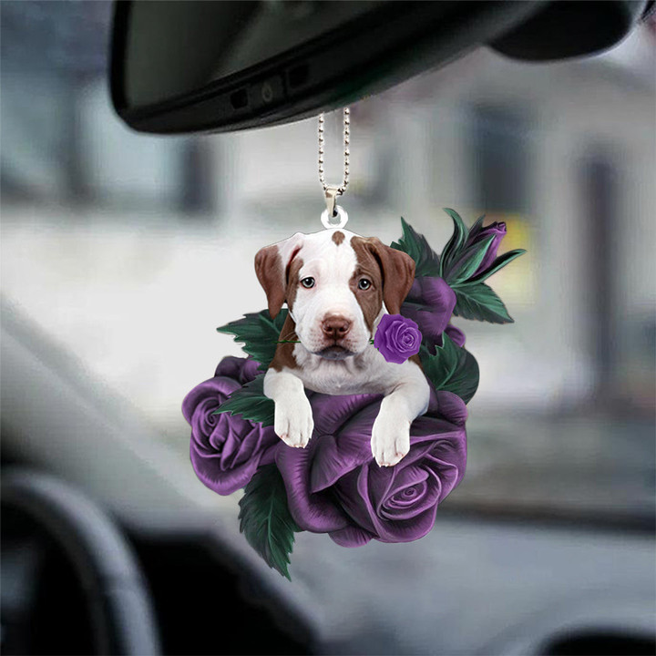 Pit Bull In Purple Rose Car Hanging Ornament
