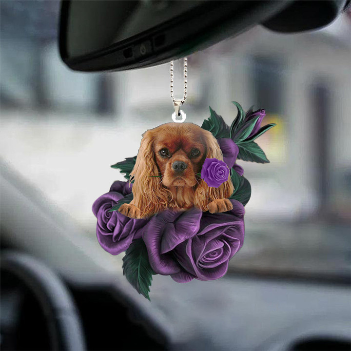 Cavalier King Charles Spaniel In Purple Rose Car Hanging Ornament