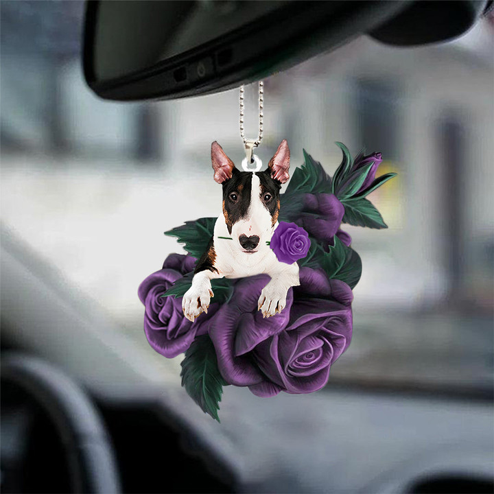 Bull Terrier In Purple Rose Car Hanging Ornament