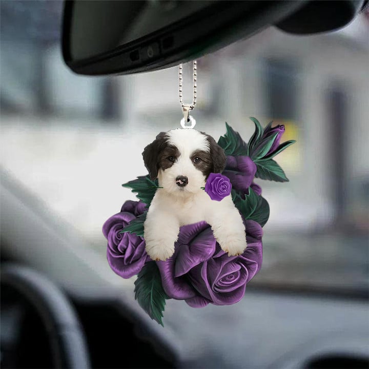 Old English Sheepdog In Purple Rose Car Hanging Ornament