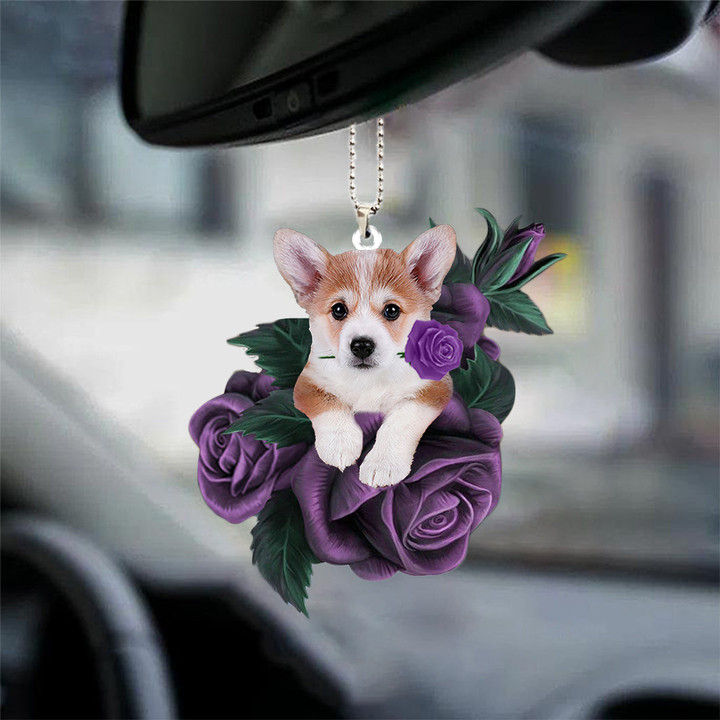 Corgi In Purple Rose Car Hanging Ornament