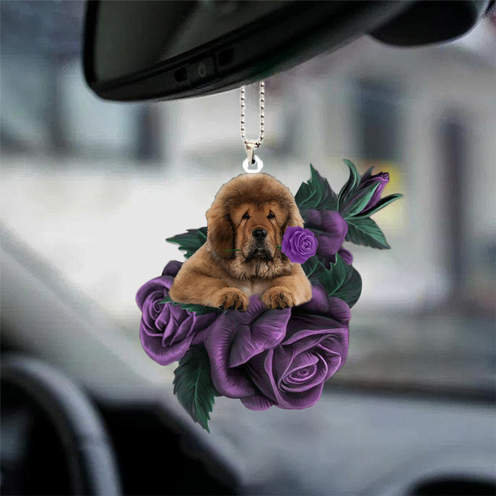 Tibetan Mastiff In Purple Rose Car Hanging Ornament