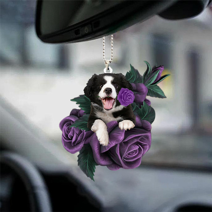 Border Collies In Purple Rose Car Hanging Ornament