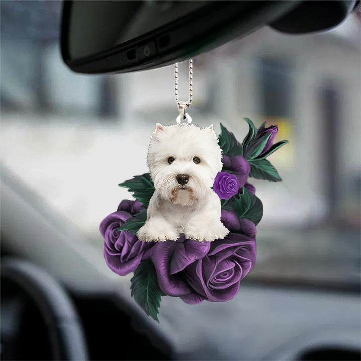 West Highland White Terrier Dog In Purple Rose Car Hanging Ornament