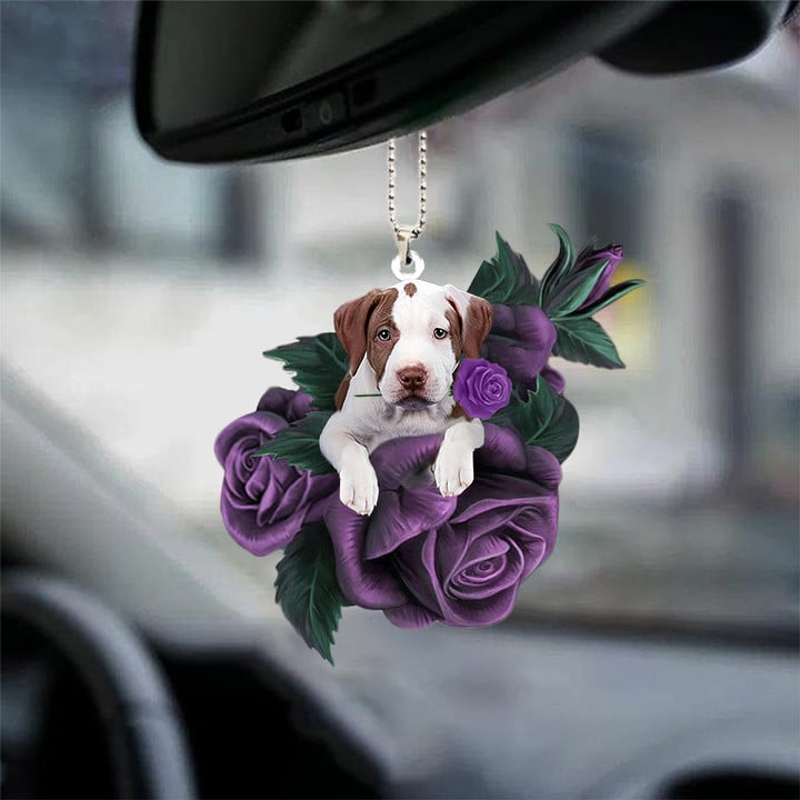 Pitbull2 In Purple Rose Car Hanging Ornament