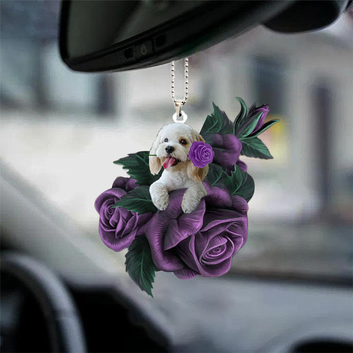 Cockapoo In Purple Rose Car Hanging Ornament