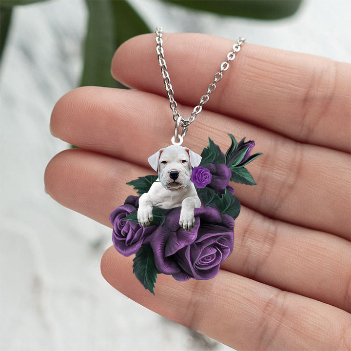 Dogo Argentino In Purple Rose Stainless Steel Necklace
