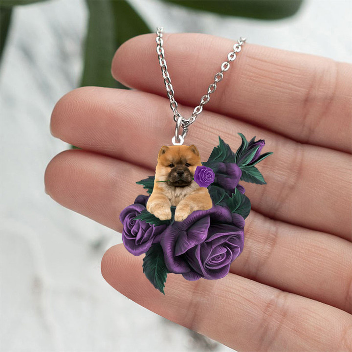 Chow Chow In Purple Rose Stainless Steel Necklace