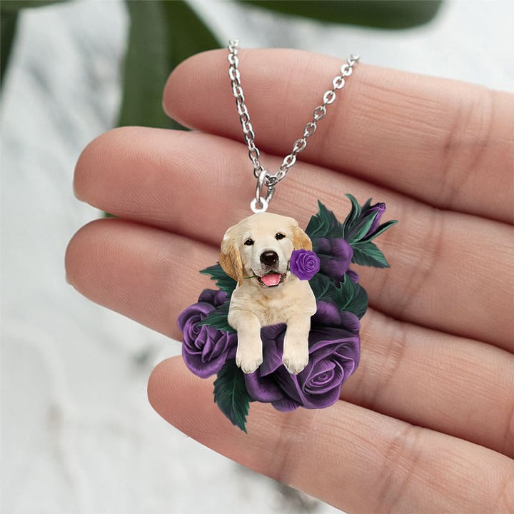 Golden Retriever In Purple Rose Stainless Steel Necklace